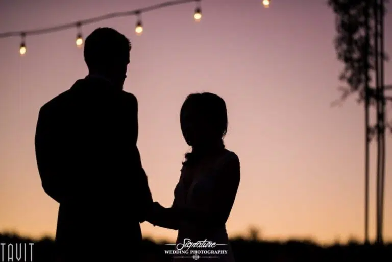 A couple is silhouetted against a twilight sky, holding hands under string lights. The background fades from purple to pink, capturing the same delicate charm found in professional headshots, and highlighting the peaceful, romantic atmosphere.