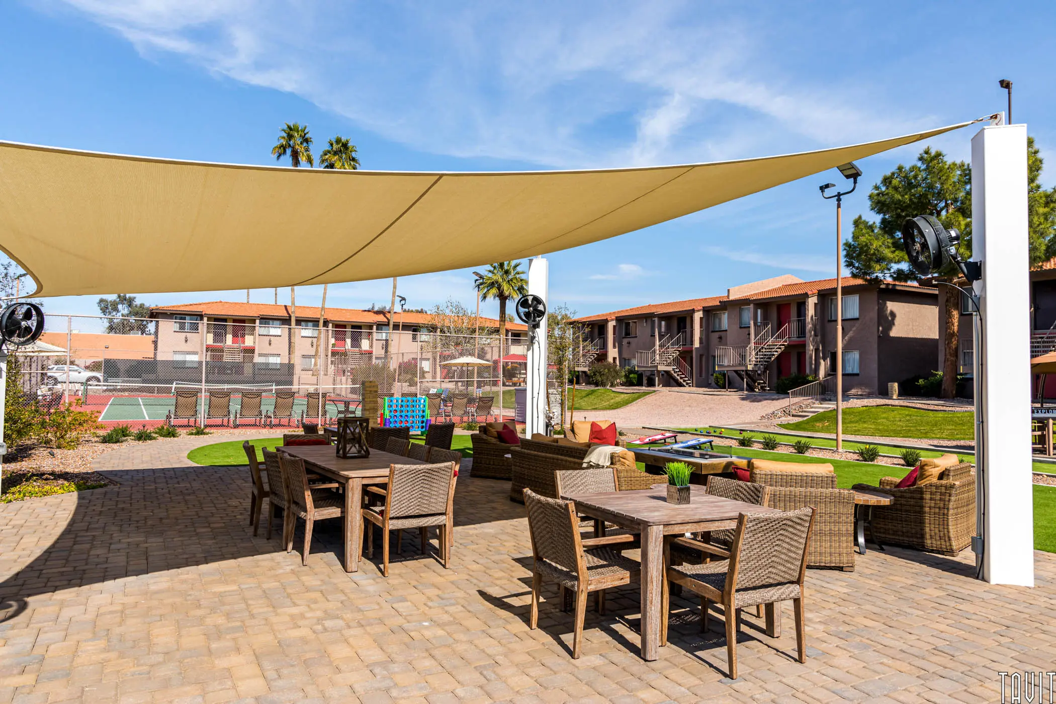 Apartment common area covered tables