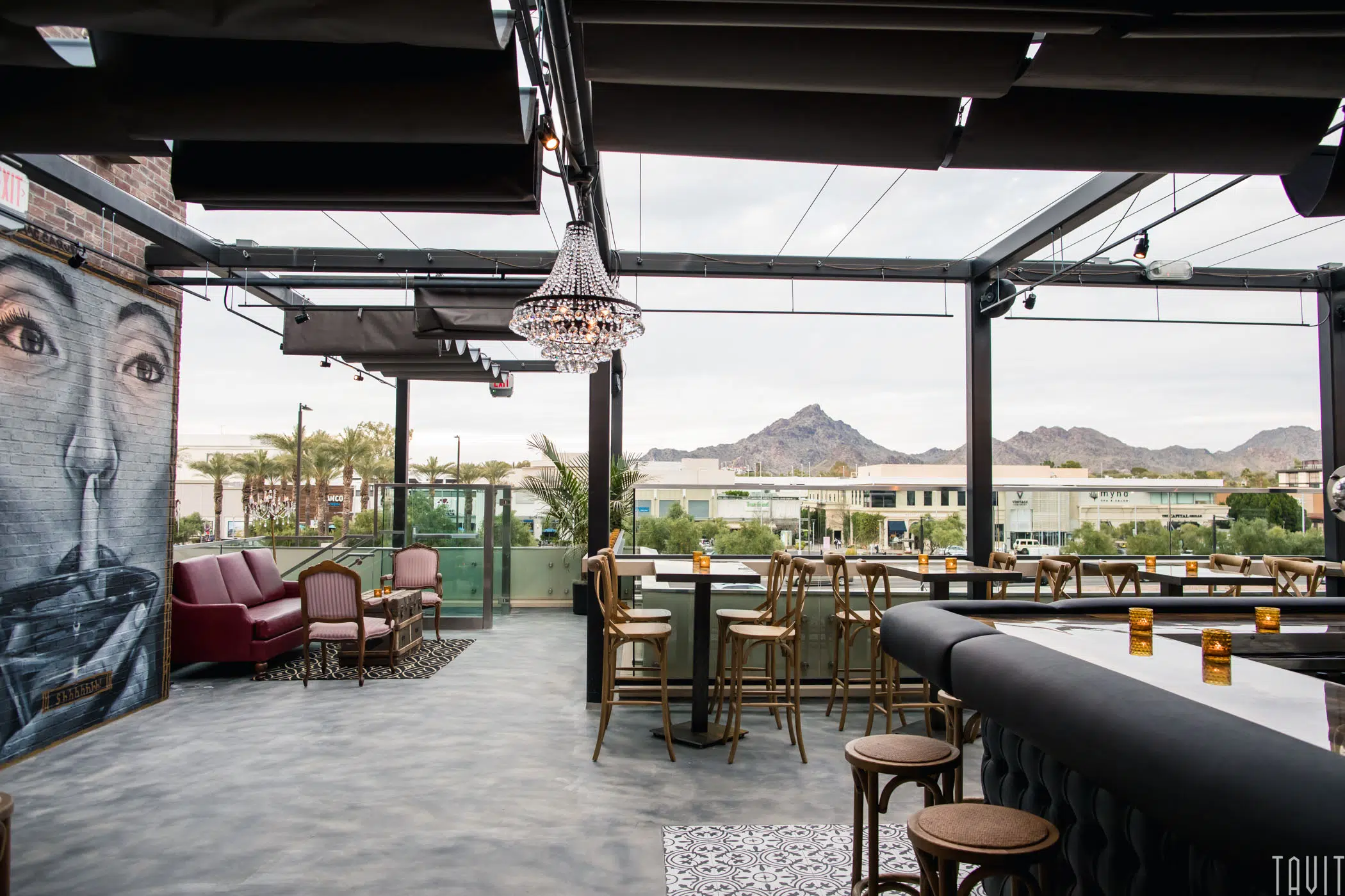 Rooftop bar with skyline