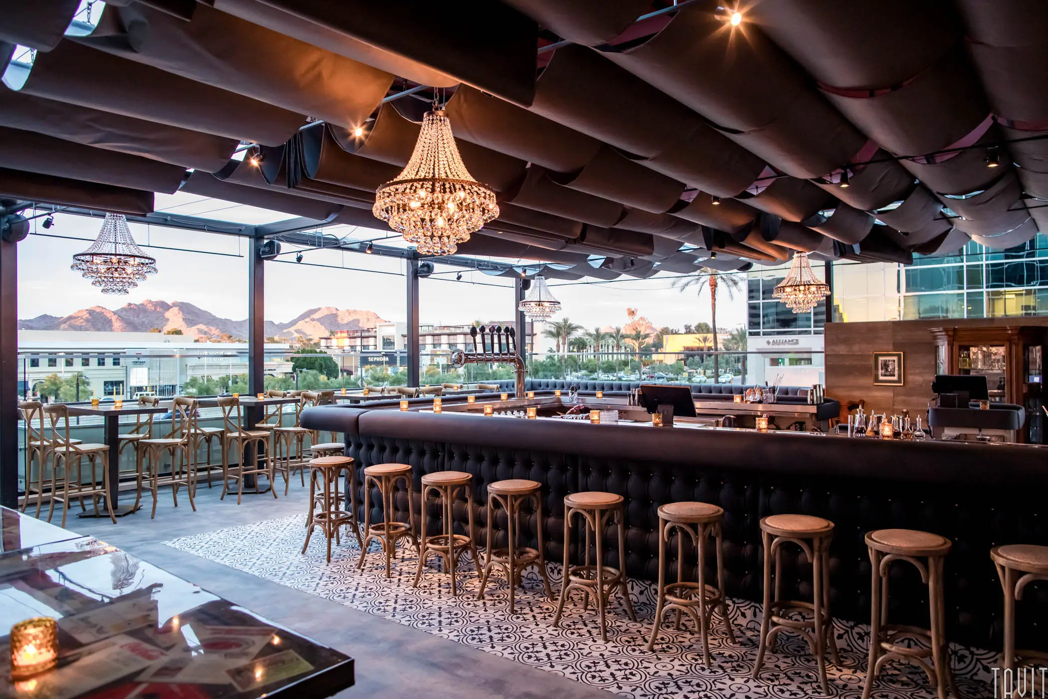 Rooftop bar with skyline