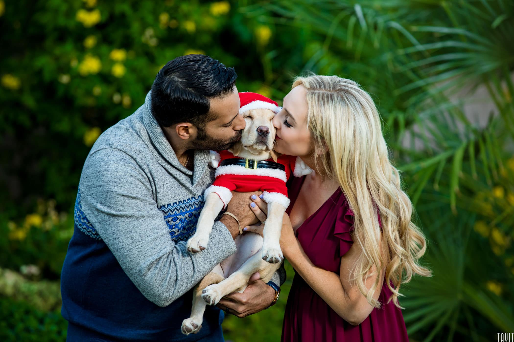 Couple kissing dog in Santa outfit