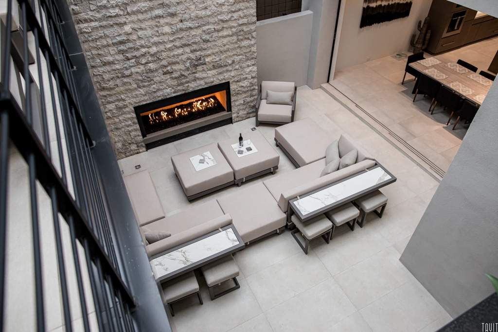 Overhead shot of sitting area in front of fireplace