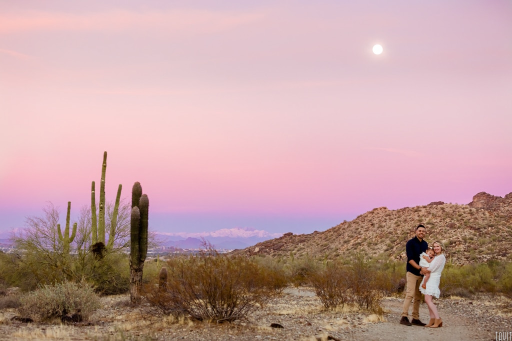 Family photo in Arizona desert at sunset