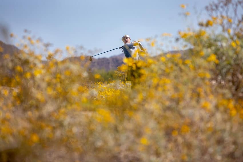 Golfer post swing in desert flowers