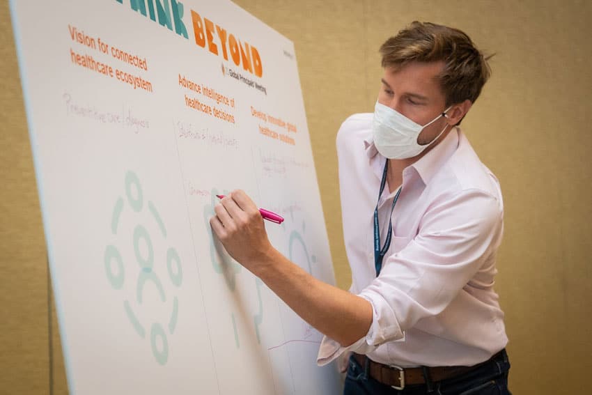 Man writing on poster board in business group meeting