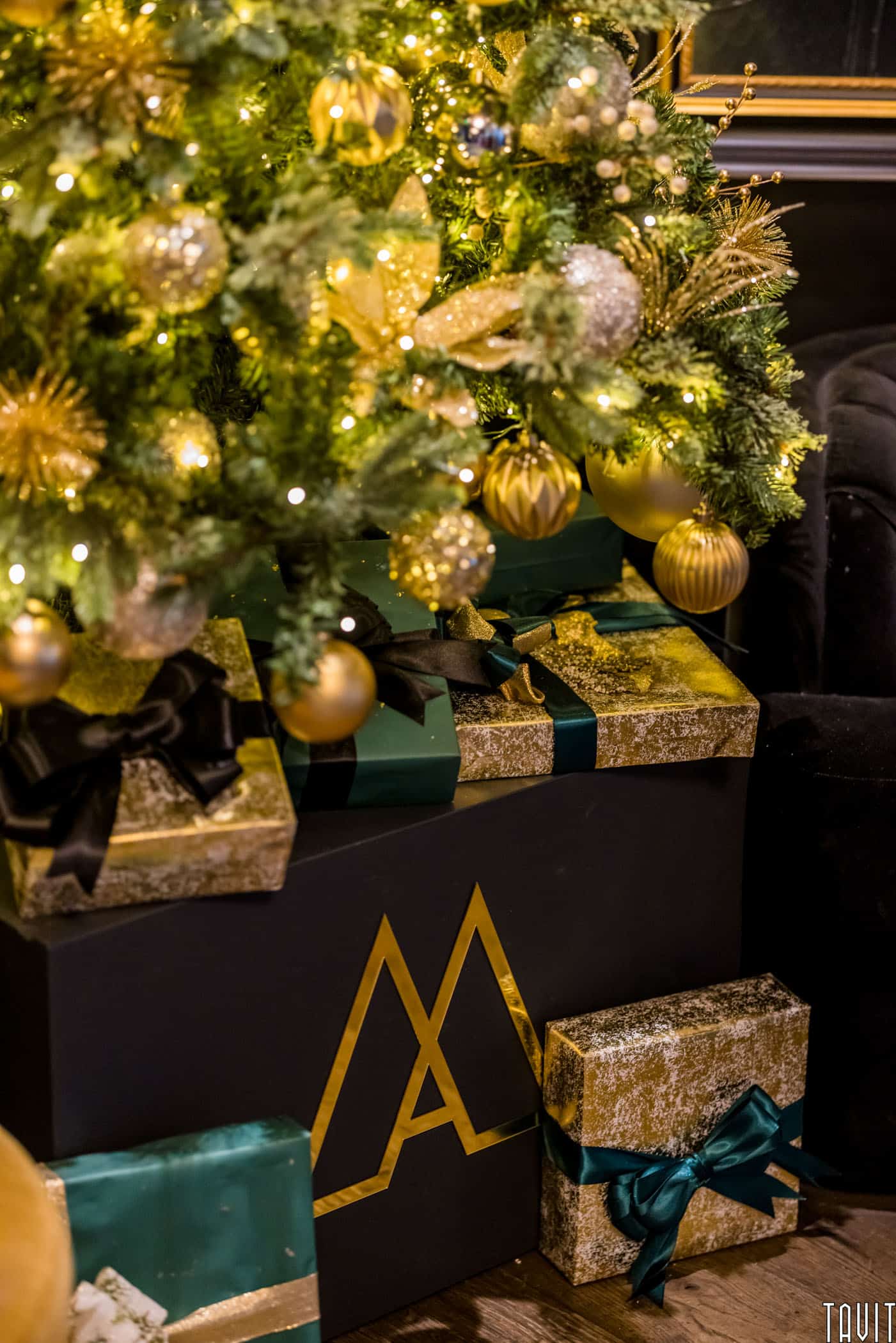 Close up of presents under Christmas tree