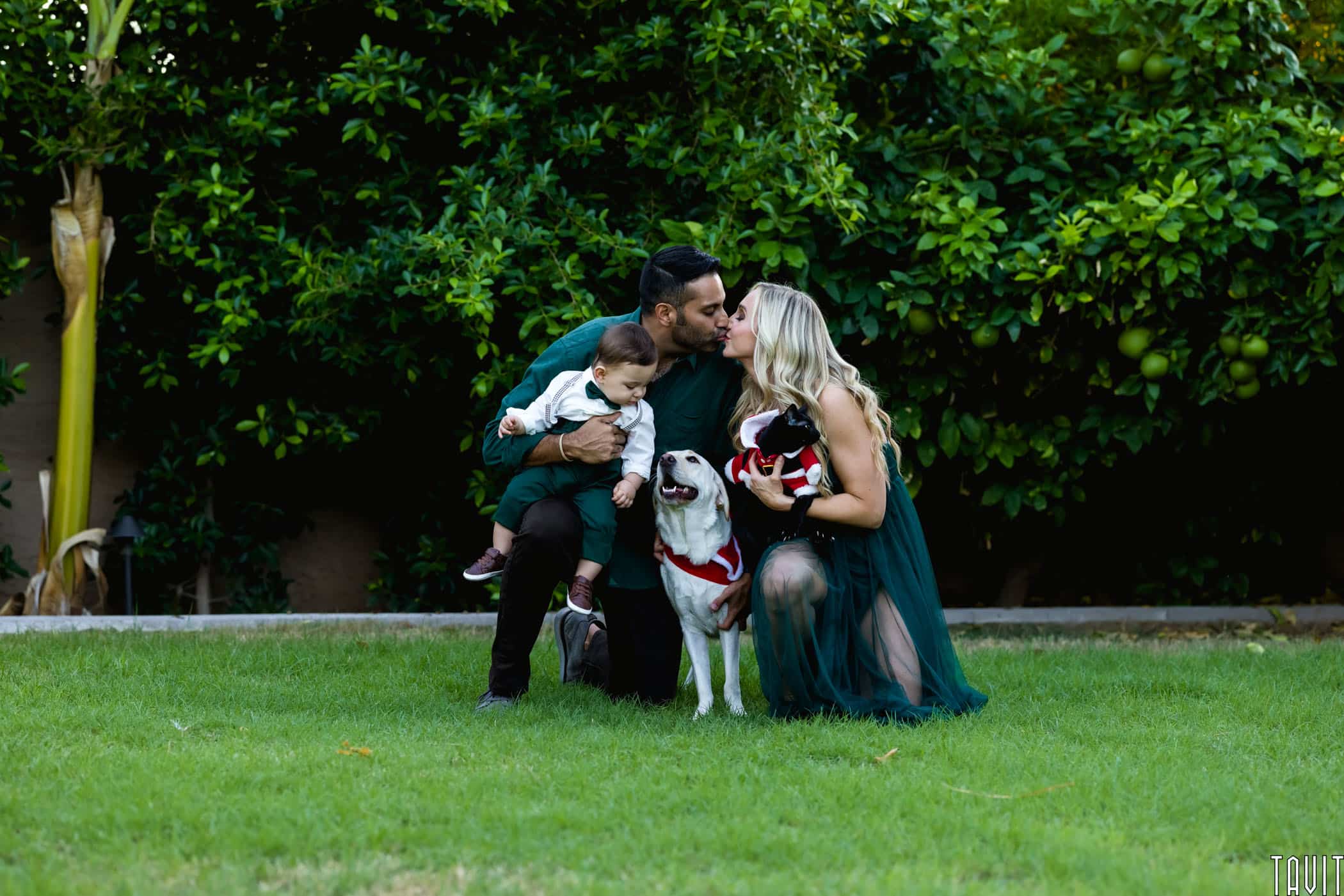 Couple kissing holding baby, cat, and dog