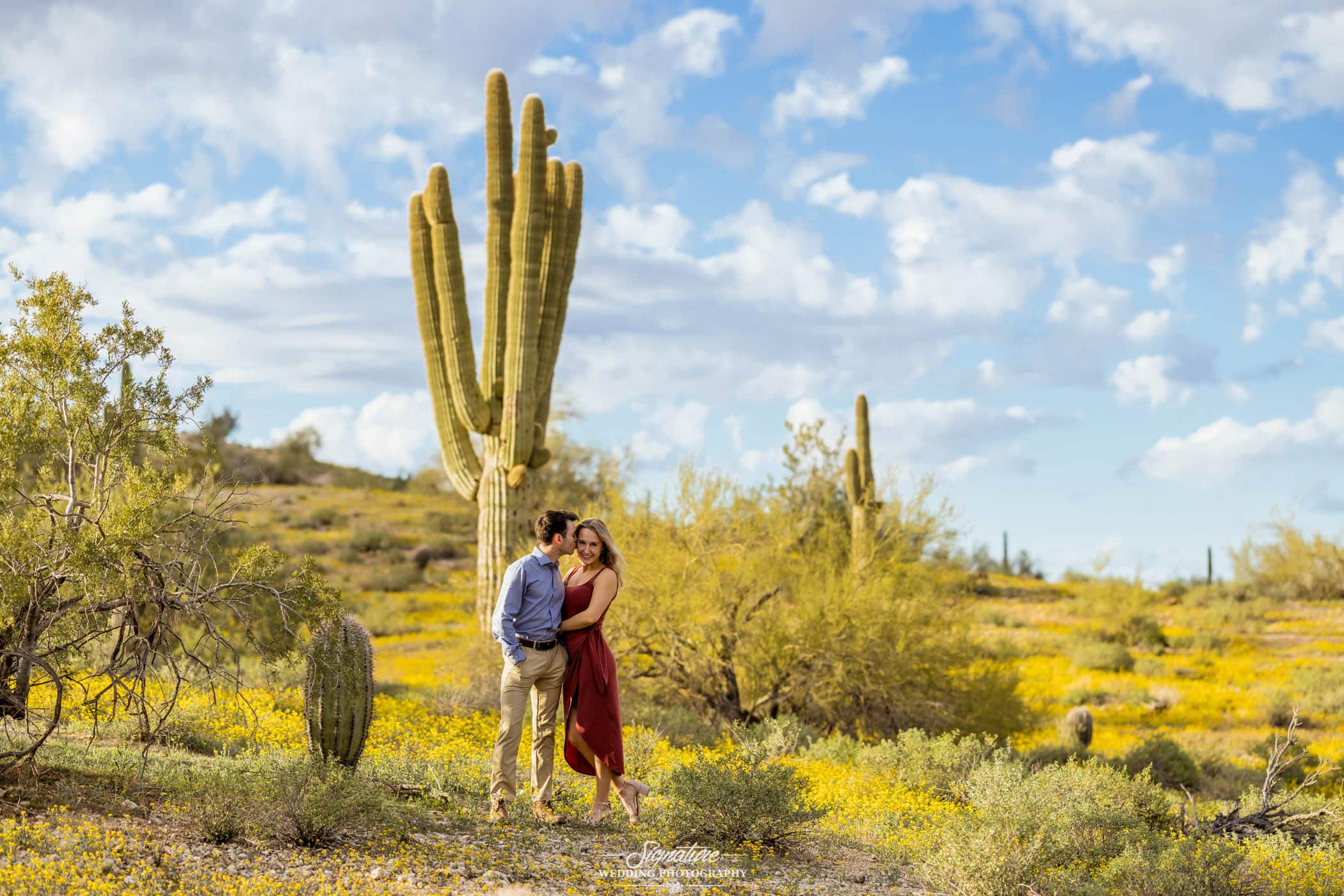 Couple kissing in front of cactus