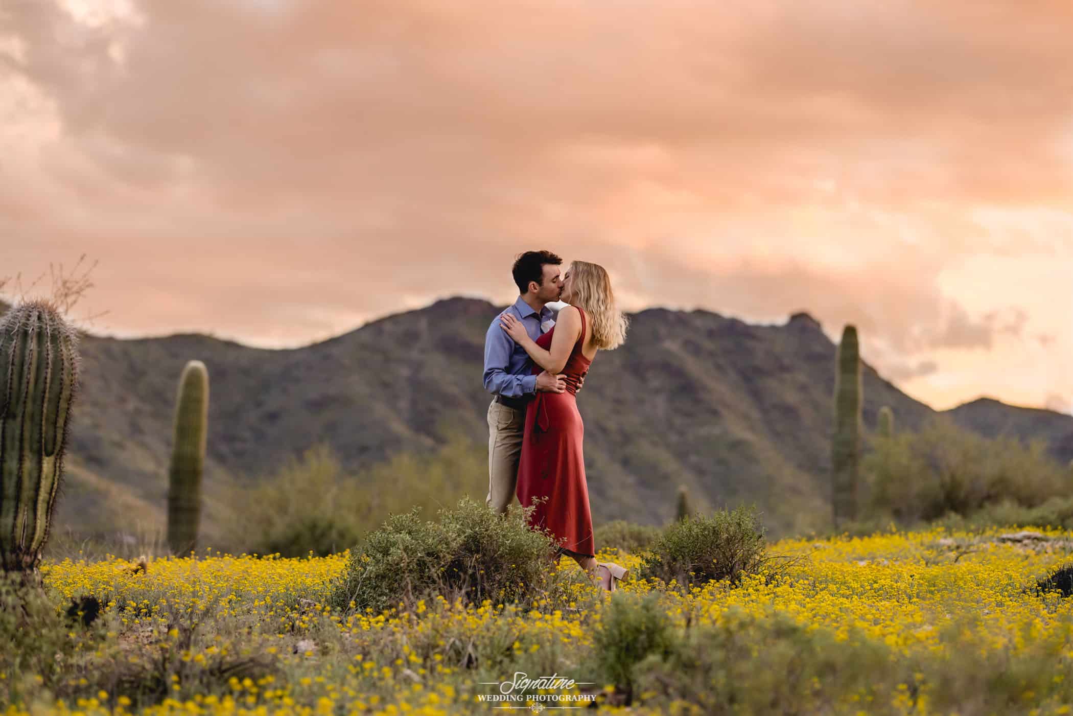 Couple kissing in front of desert mountain