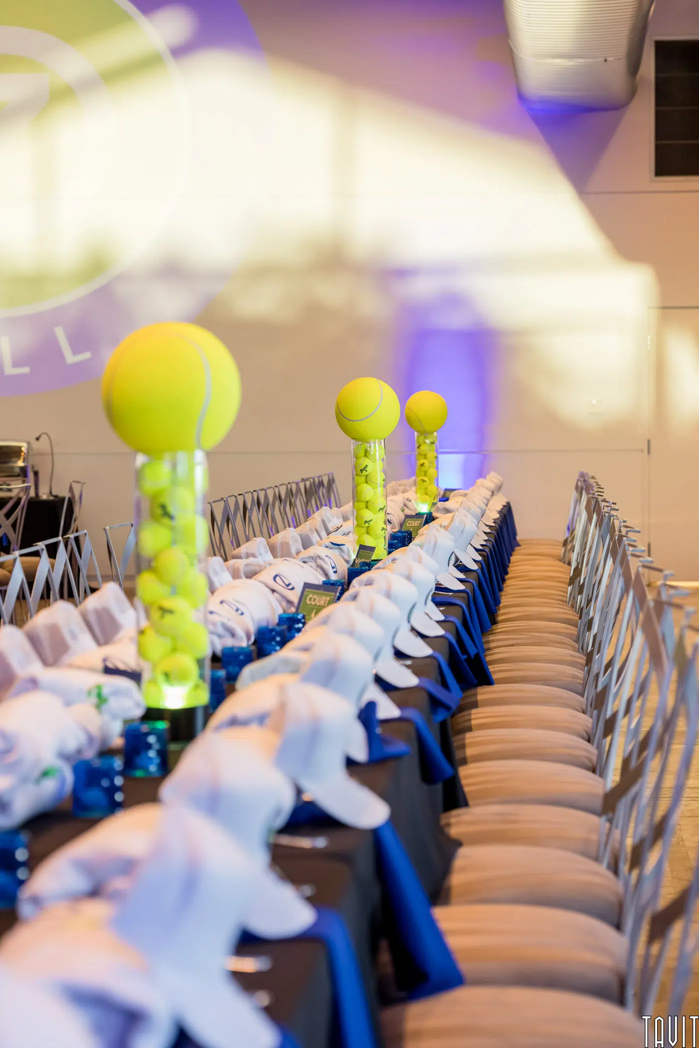 A long banquet table set with blue and white decor, featuring tall centerpieces filled with tennis balls—perfect for a corporate event or seminar—surrounded by chairs and crisp white napkins.