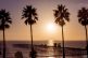 Tall palm trees in San Diego frame a wooden pier extending into the ocean at sunset, with a golden sky and shimmering water creating a serene coastal scene.