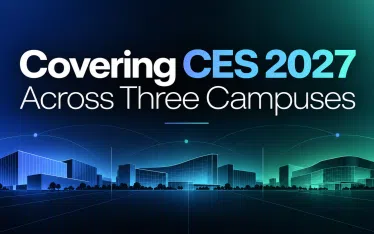 Text reads “Covering CES 2027 Across Three Campuses” over a futuristic graphic of three outlined buildings in blue and green hues, representing different Las Vegas campuses, with a dark gradient background.