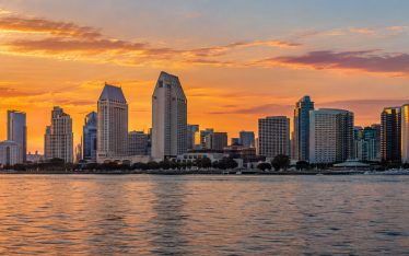 San Diego skyline from the water at sunset