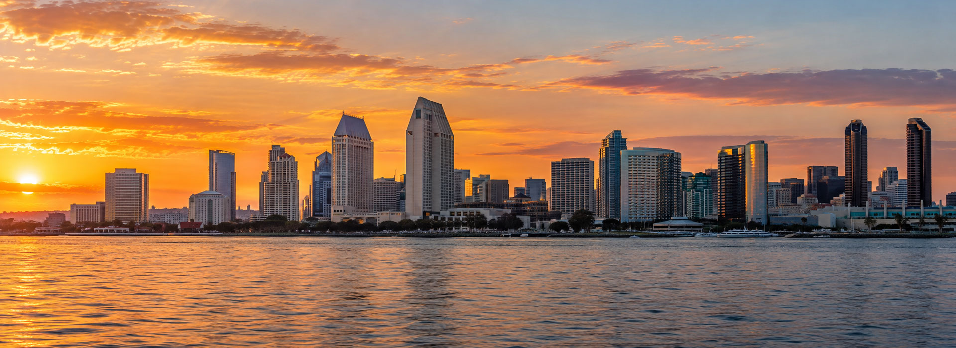 San Diego skyline from the water at sunset