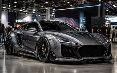 sleek gray sports car on display at a high-end car show