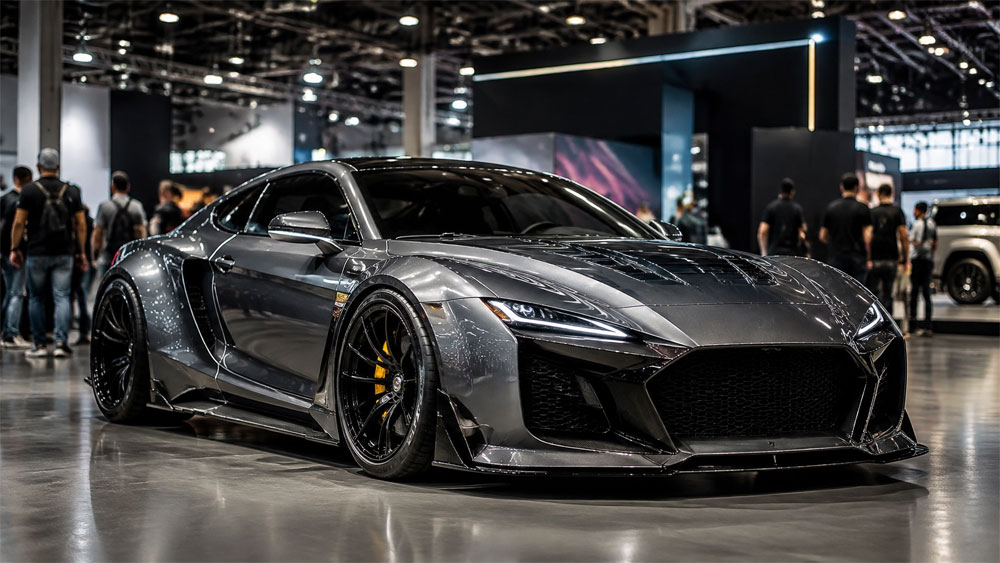 sleek gray sports car on display at a high-end car show