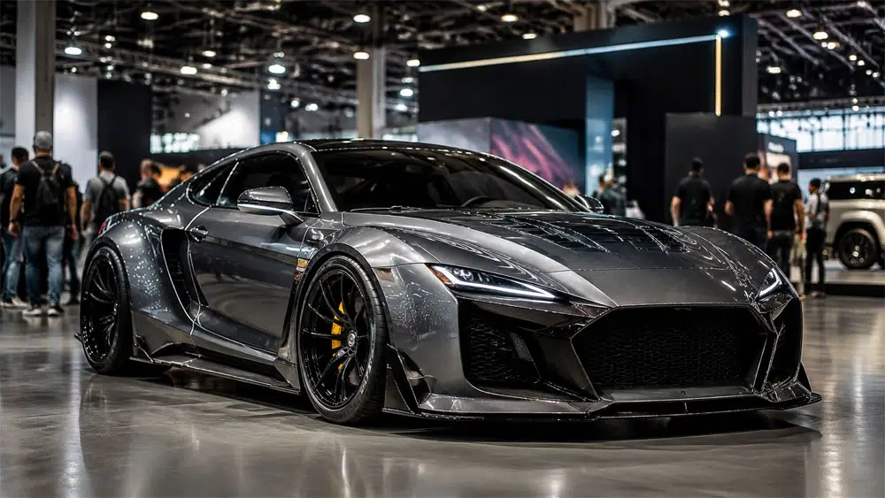 sleek gray sports car on display at a high-end car show